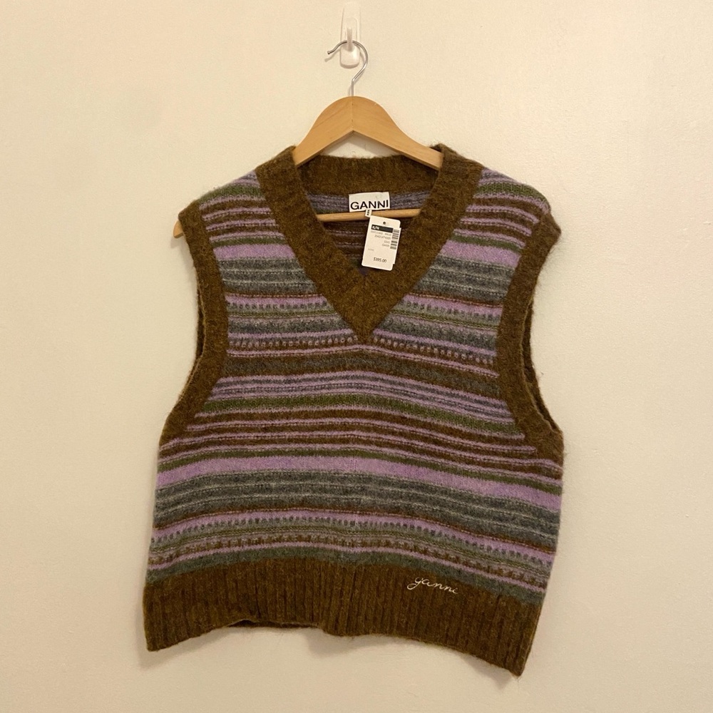 Ganni V-Neck Sweater Vest in Brown and Purple Stripes